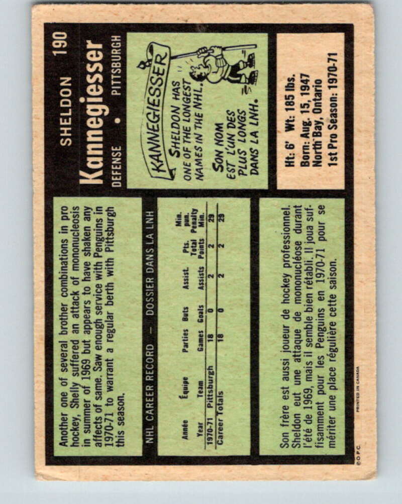 1971-72 O-Pee-Chee #190 Sheldon Kannegiesser RC Rookie Pittsburgh Penguins V9560
