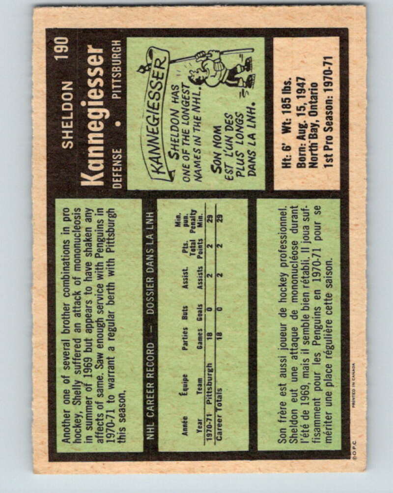 1971-72 O-Pee-Chee #190 Sheldon Kannegiesser RC Rookie Pittsburgh Penguins V9561