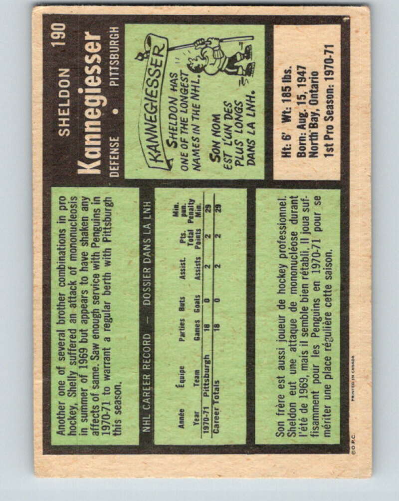 1971-72 O-Pee-Chee #190 Sheldon Kannegiesser RC Rookie Pittsburgh Penguins V9563
