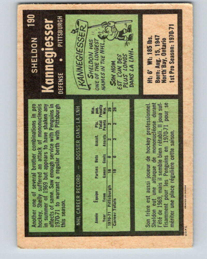 1971-72 O-Pee-Chee #190 Sheldon Kannegiesser RC Rookie Pittsburgh Penguins V9564