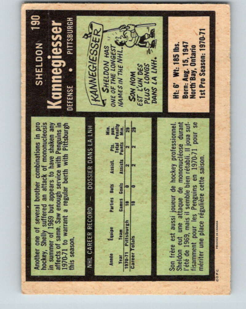 1971-72 O-Pee-Chee #190 Sheldon Kannegiesser RC Rookie Pittsburgh Penguins V9565