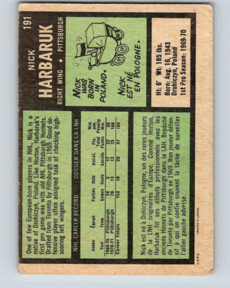 1971-72 O-Pee-Chee #191 Nick Harbaruk RC Rookie Pittsburgh Penguins V9566