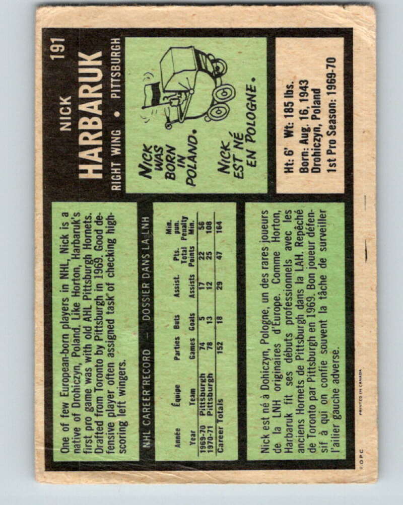1971-72 O-Pee-Chee #191 Nick Harbaruk RC Rookie Pittsburgh Penguins V9568