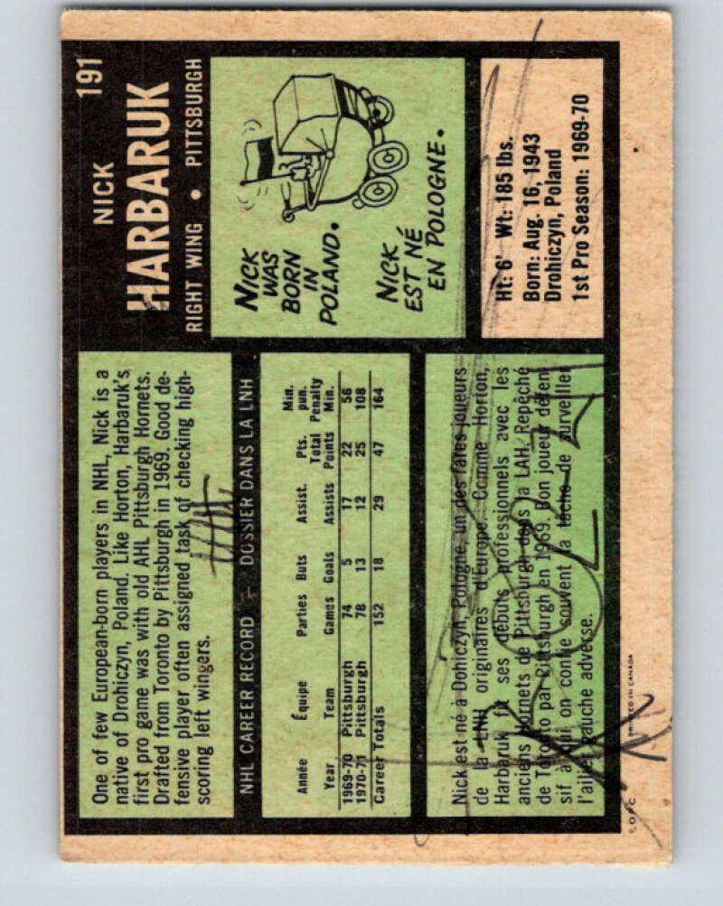 1971-72 O-Pee-Chee #191 Nick Harbaruk RC Rookie Pittsburgh Penguins V9569