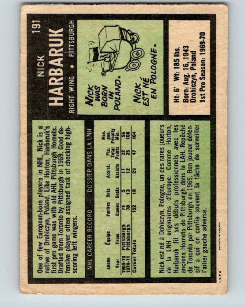 1971-72 O-Pee-Chee #191 Nick Harbaruk RC Rookie Pittsburgh Penguins V9570