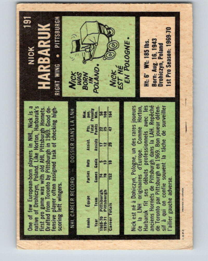 1971-72 O-Pee-Chee #191 Nick Harbaruk RC Rookie Pittsburgh Penguins V9571