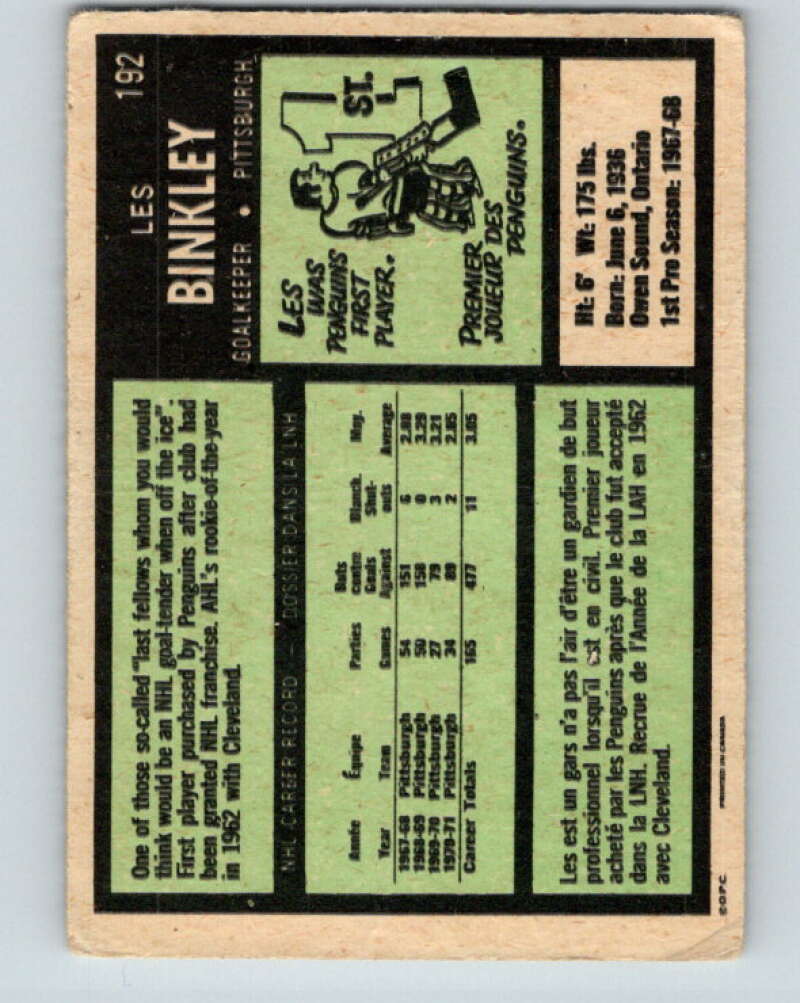 1971-72 O-Pee-Chee #192 Les Binkley Pittsburgh Penguins V9572