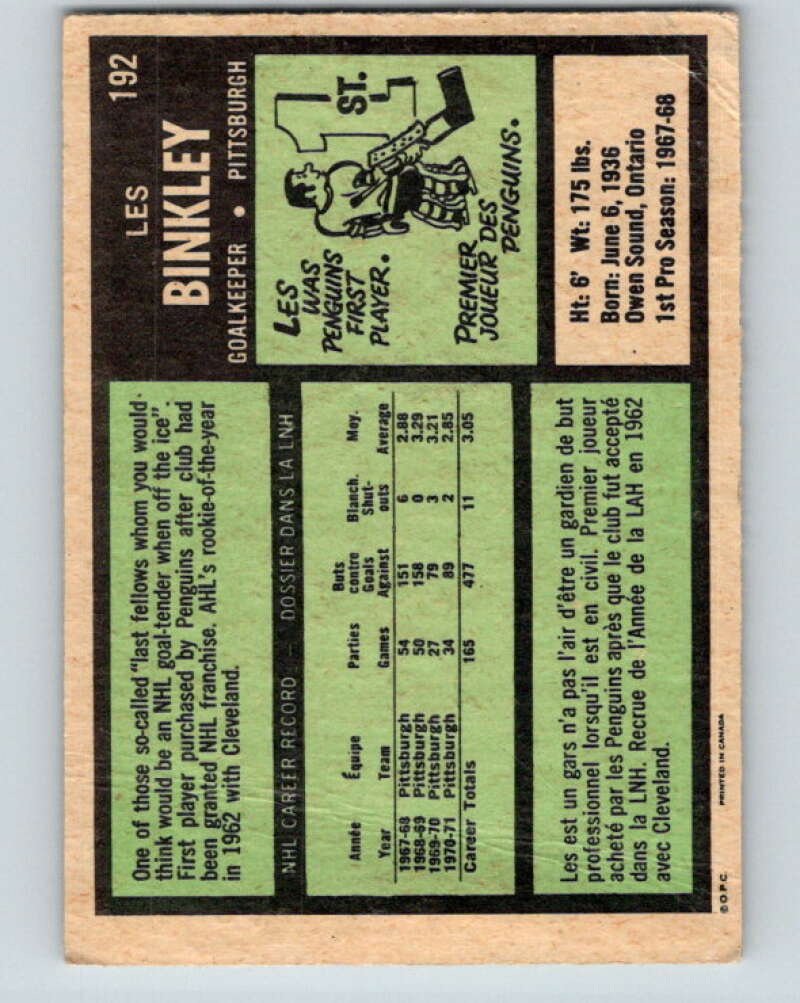 1971-72 O-Pee-Chee #192 Les Binkley Pittsburgh Penguins V9574