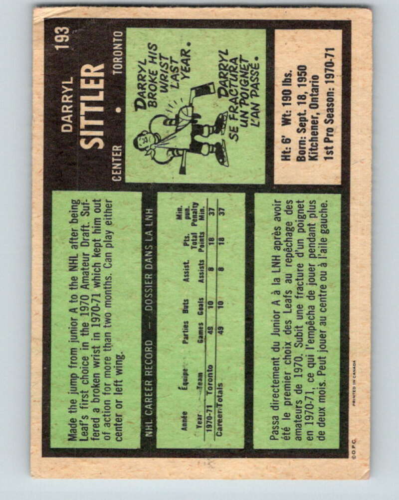 1971-72 O-Pee-Chee #193 Darryl Sittler Toronto Maple Leafs V9575