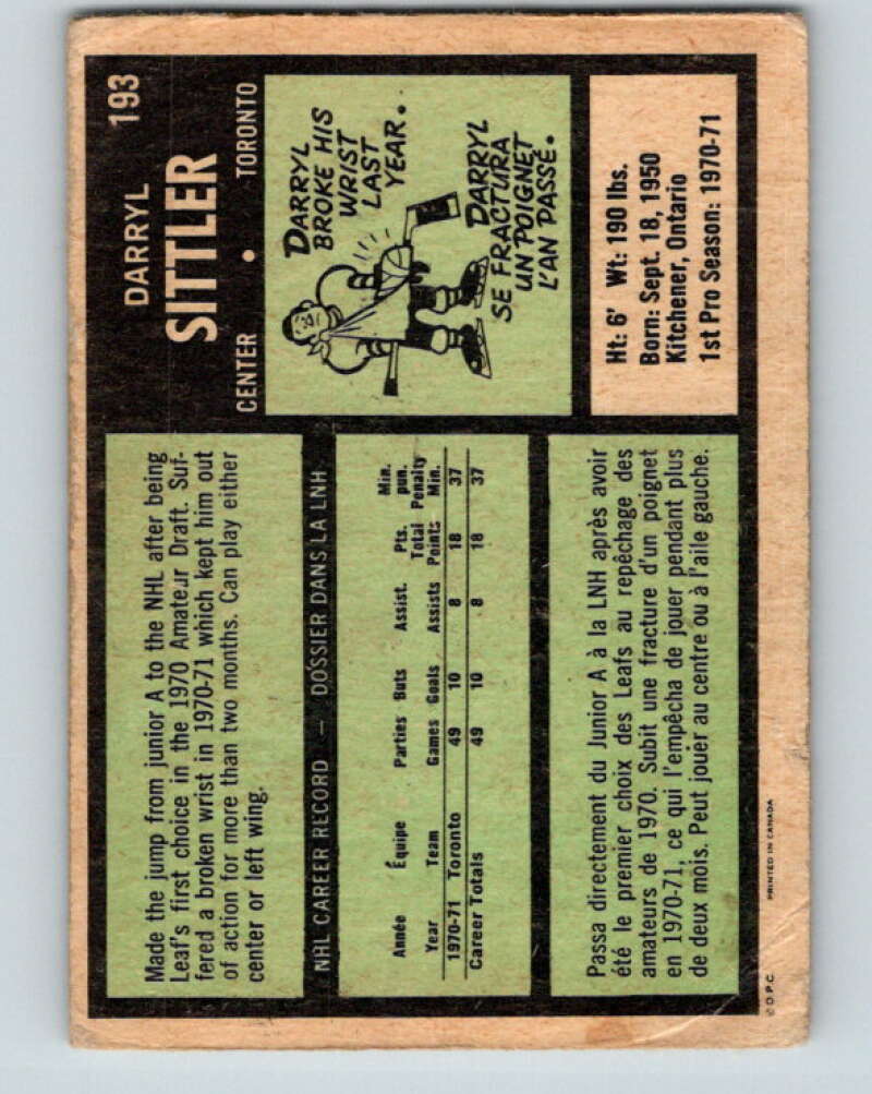 1971-72 O-Pee-Chee #193 Darryl Sittler Toronto Maple Leafs V9576