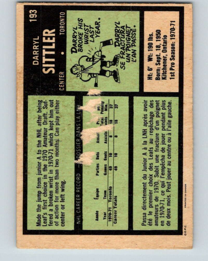 1971-72 O-Pee-Chee #193 Darryl Sittler Toronto Maple Leafs V9577