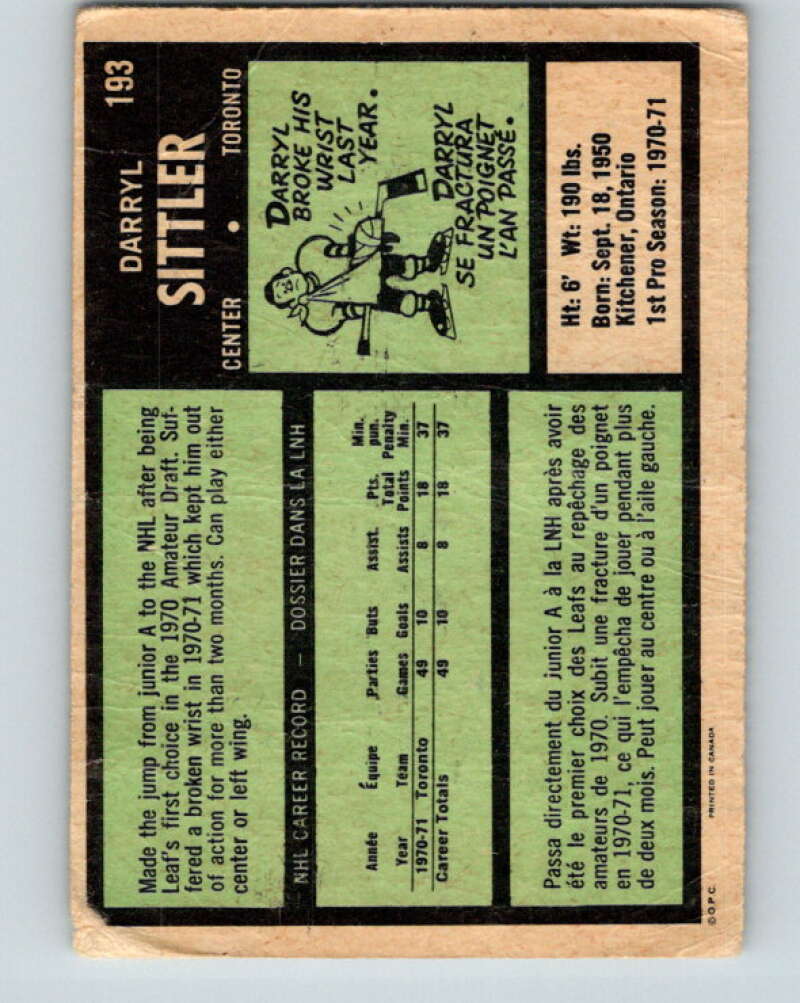1971-72 O-Pee-Chee #193 Darryl Sittler Toronto Maple Leafs V9578