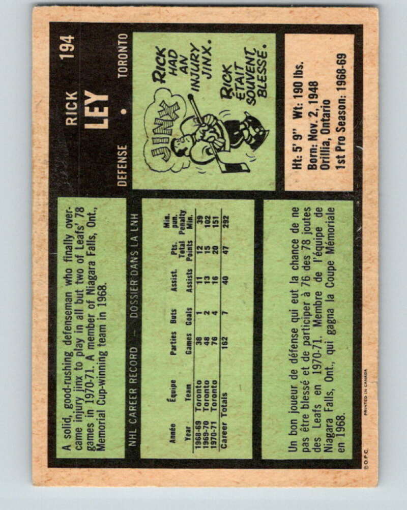 1971-72 O-Pee-Chee #194 Rick Ley Toronto Maple Leafs V9579