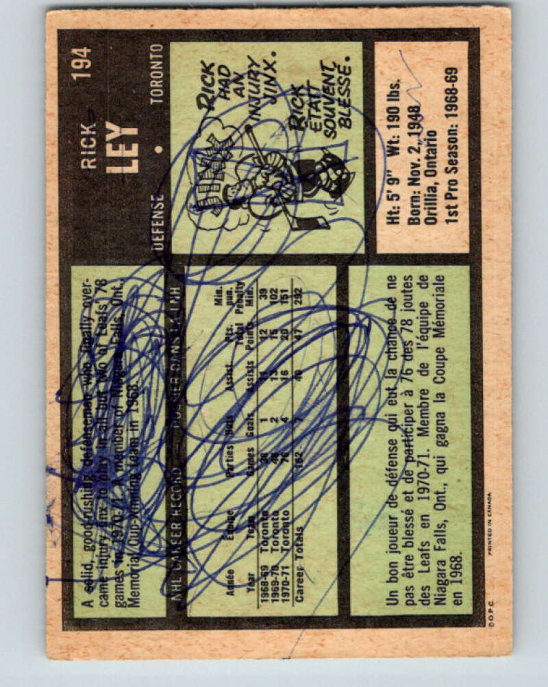 1971-72 O-Pee-Chee #194 Rick Ley Toronto Maple Leafs V9580