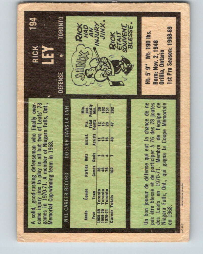 1971-72 O-Pee-Chee #194 Rick Ley Toronto Maple Leafs V9581