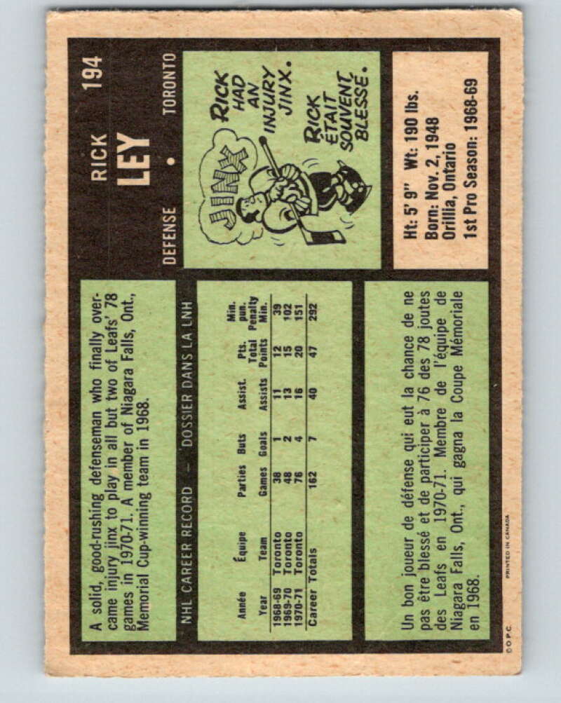 1971-72 O-Pee-Chee #194 Rick Ley Toronto Maple Leafs V9582