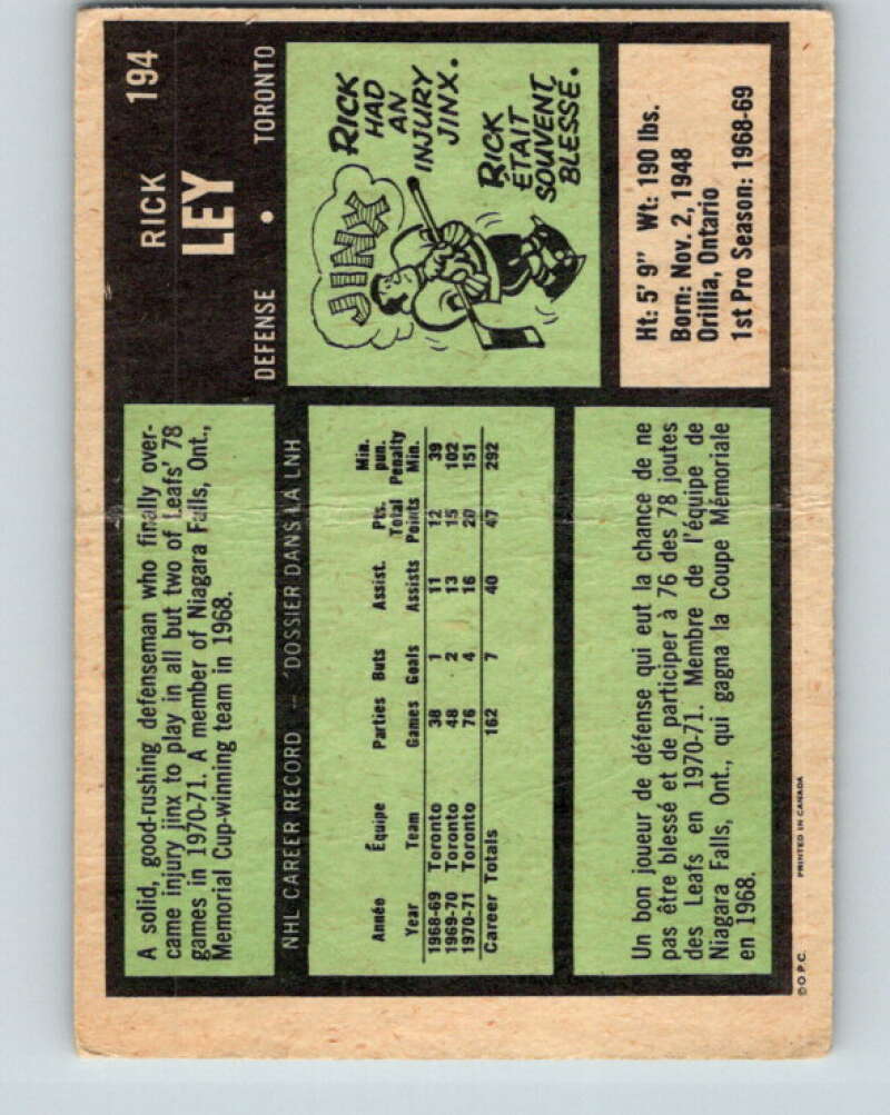 1971-72 O-Pee-Chee #194 Rick Ley Toronto Maple Leafs V9583