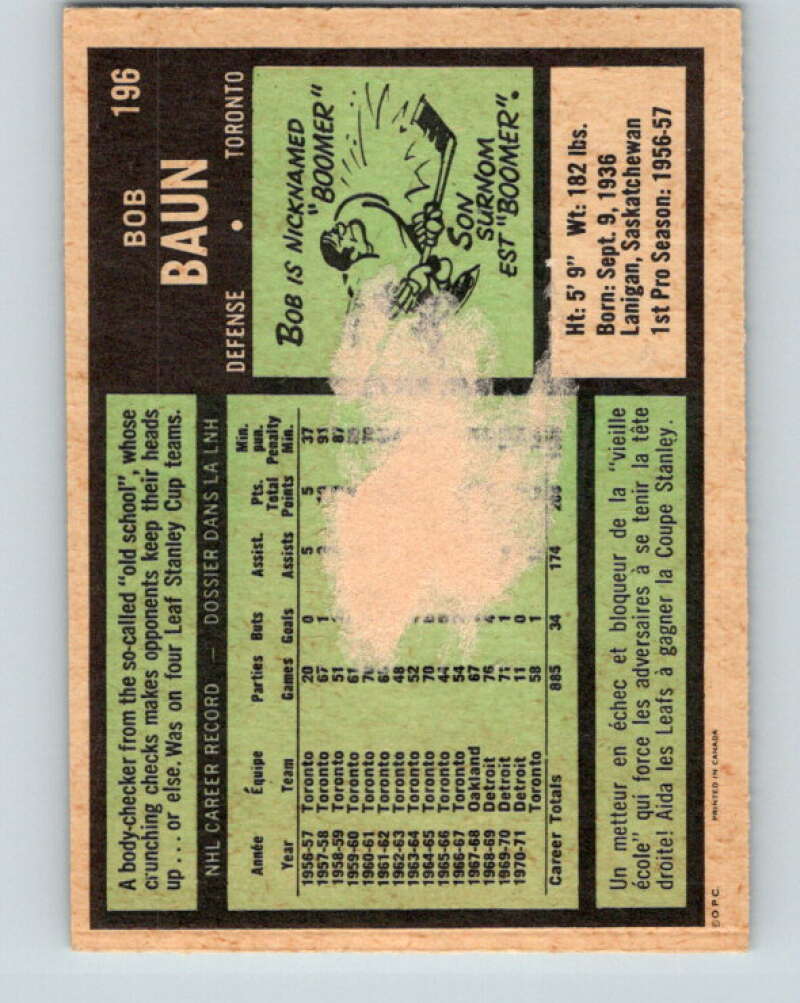 1971-72 O-Pee-Chee #196 Bob Baun Toronto Maple Leafs V9588