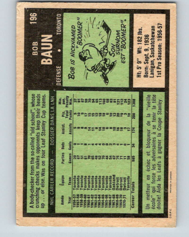 1971-72 O-Pee-Chee #196 Bob Baun Toronto Maple Leafs V9589