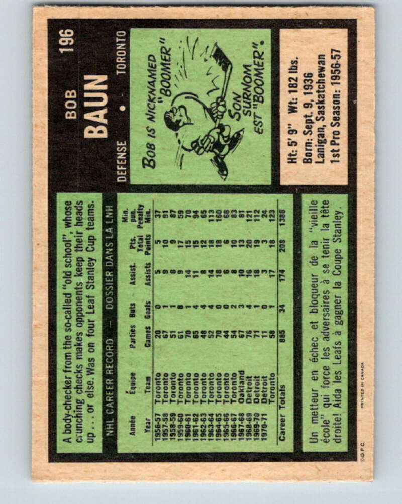 1971-72 O-Pee-Chee #196 Bob Baun Toronto Maple Leafs V9590