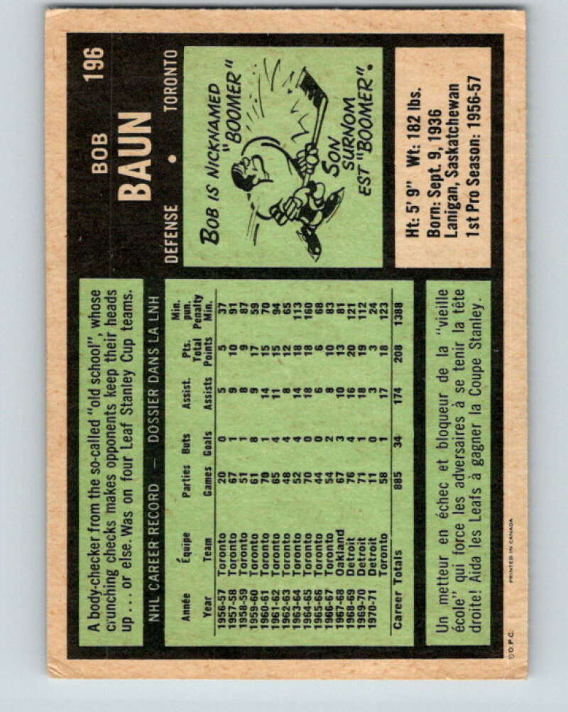 1971-72 O-Pee-Chee #196 Bob Baun Toronto Maple Leafs V9591