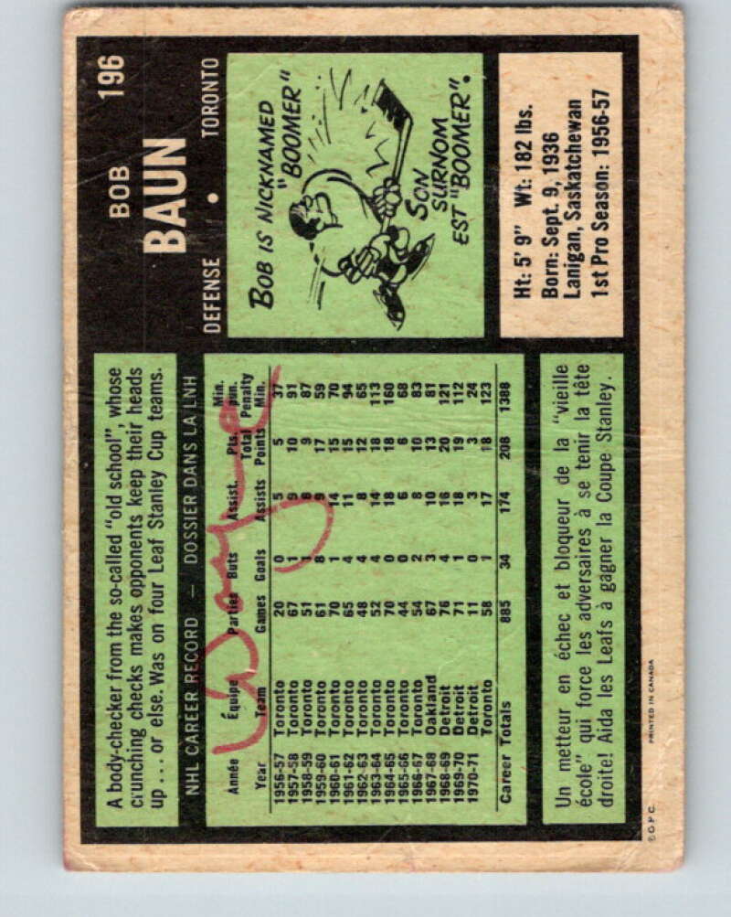 1971-72 O-Pee-Chee #196 Bob Baun Toronto Maple Leafs V9592