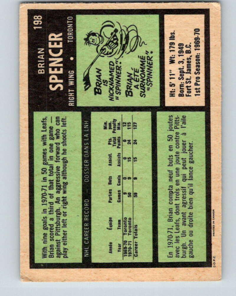 1971-72 O-Pee-Chee #198 Brian Spencer RC Rookie Toronto Maple Leafs V9593