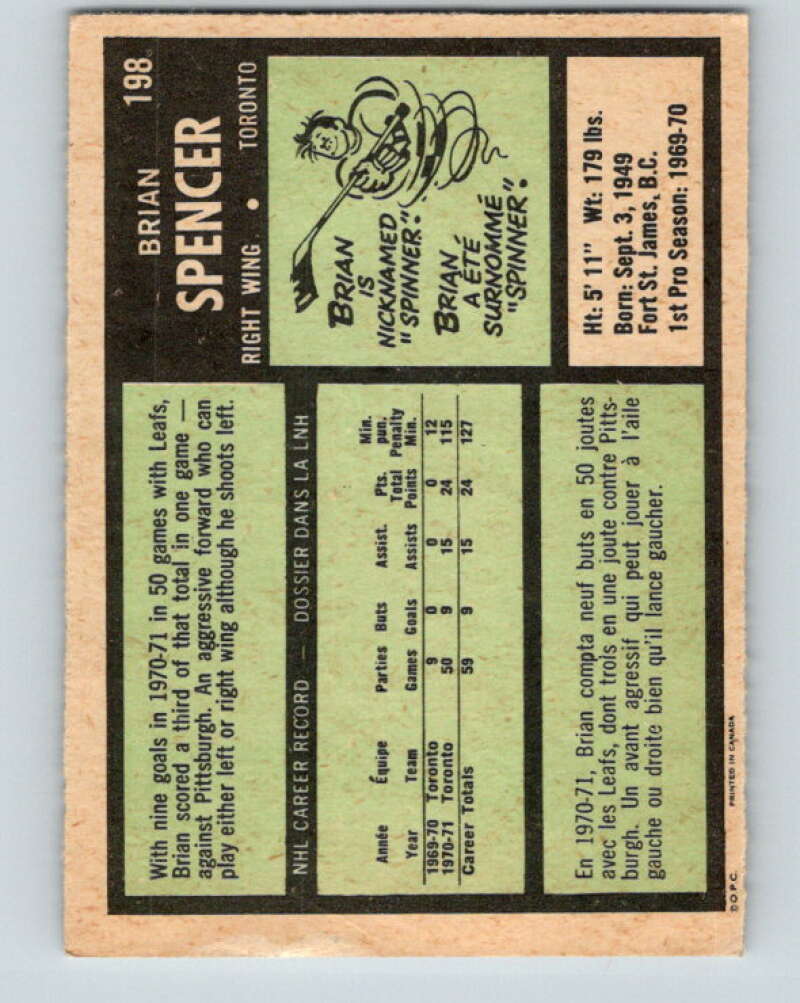 1971-72 O-Pee-Chee #198 Brian Spencer RC Rookie Toronto Maple Leafs V9594