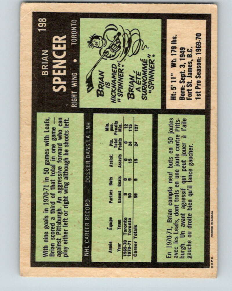 1971-72 O-Pee-Chee #198 Brian Spencer RC Rookie Toronto Maple Leafs V9595