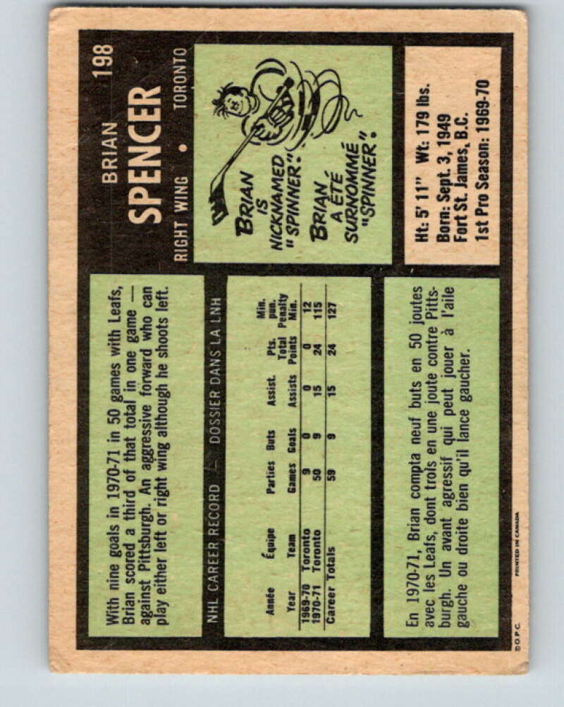 1971-72 O-Pee-Chee #198 Brian Spencer RC Rookie Toronto Maple Leafs V9597