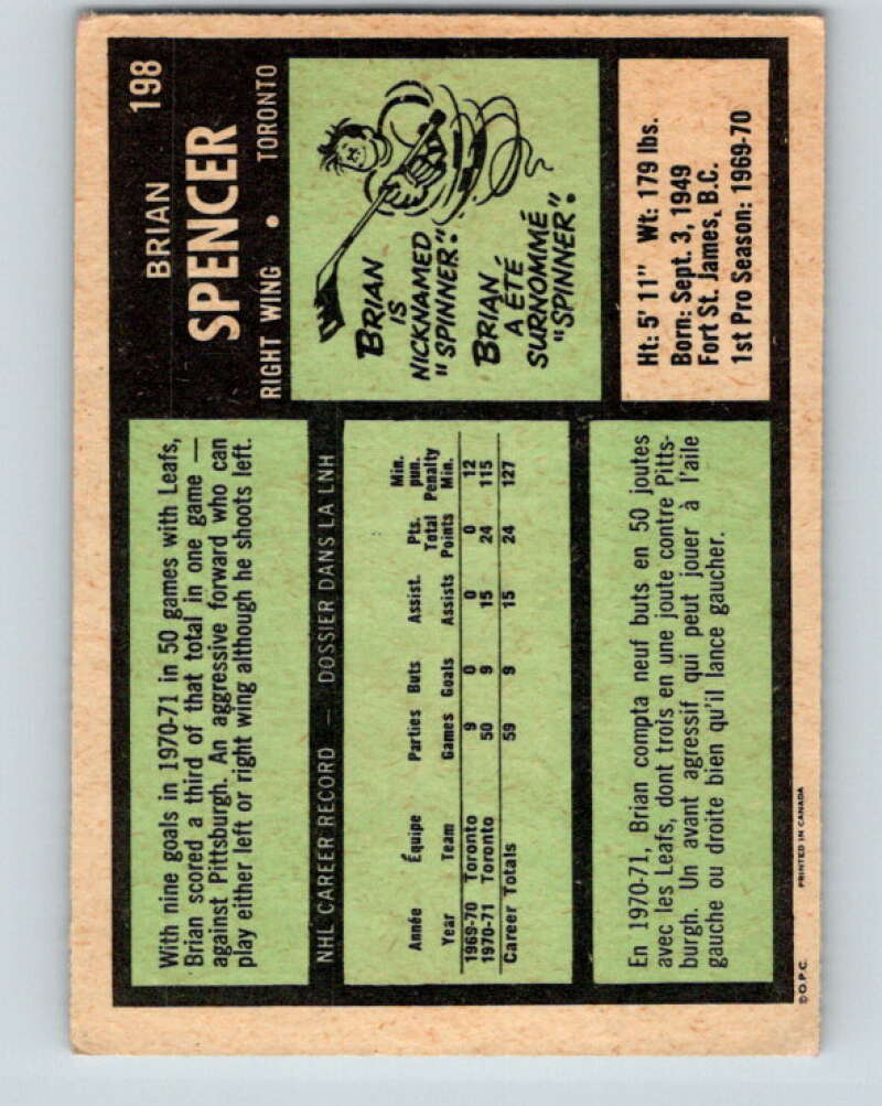 1971-72 O-Pee-Chee #198 Brian Spencer RC Rookie Toronto Maple Leafs V9598