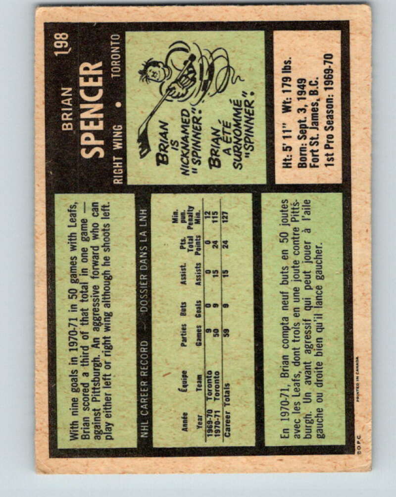 1971-72 O-Pee-Chee #198 Brian Spencer RC Rookie Toronto Maple Leafs V9599