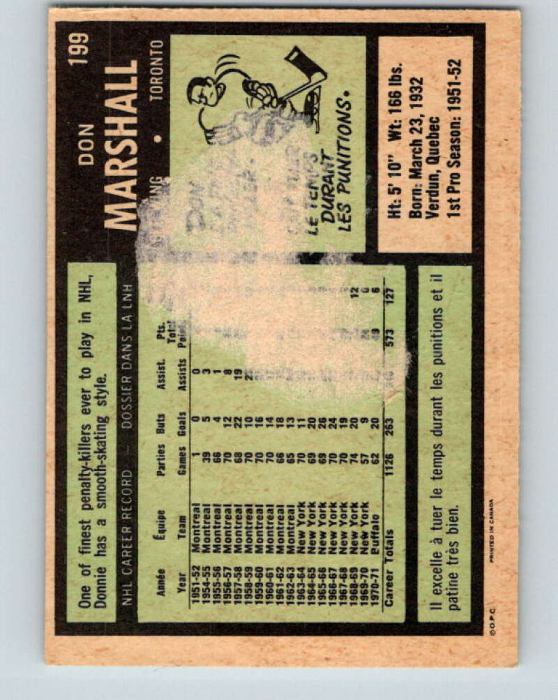 1971-72 O-Pee-Chee #199 Don Marshall Toronto Maple Leafs V9601