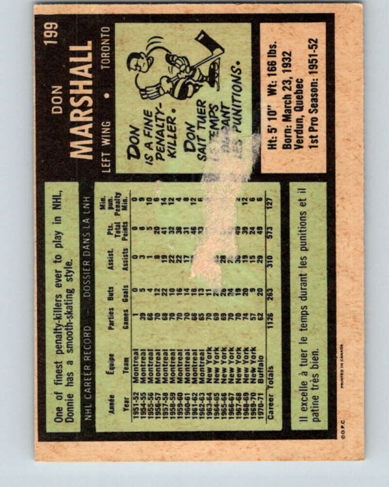 1971-72 O-Pee-Chee #199 Don Marshall Toronto Maple Leafs V9602