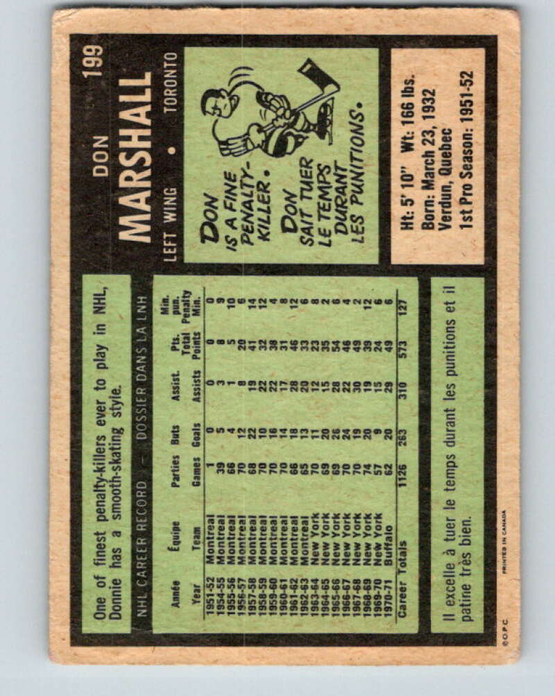 1971-72 O-Pee-Chee #199 Don Marshall Toronto Maple Leafs V9606