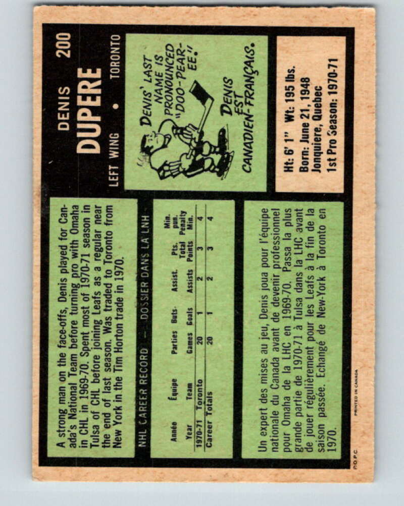 1971-72 O-Pee-Chee #200 Denis Dupere RC Rookie Toronto Maple Leafs V9609
