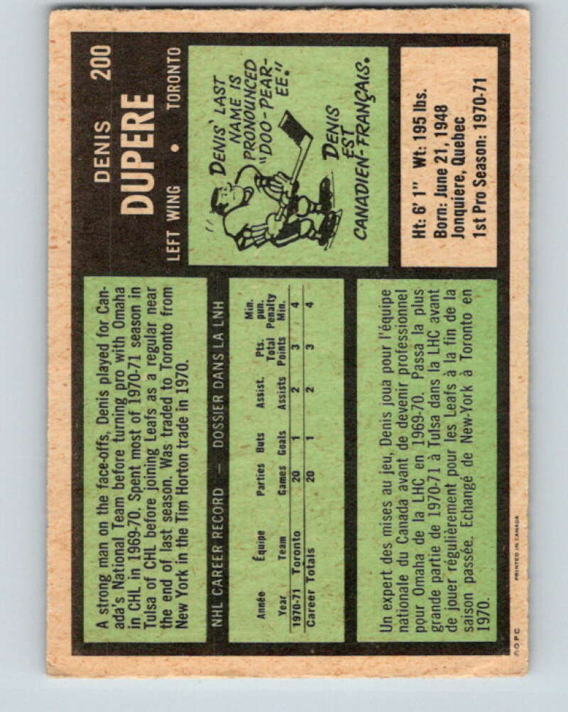 1971-72 O-Pee-Chee #200 Denis Dupere RC Rookie Toronto Maple Leafs V9610
