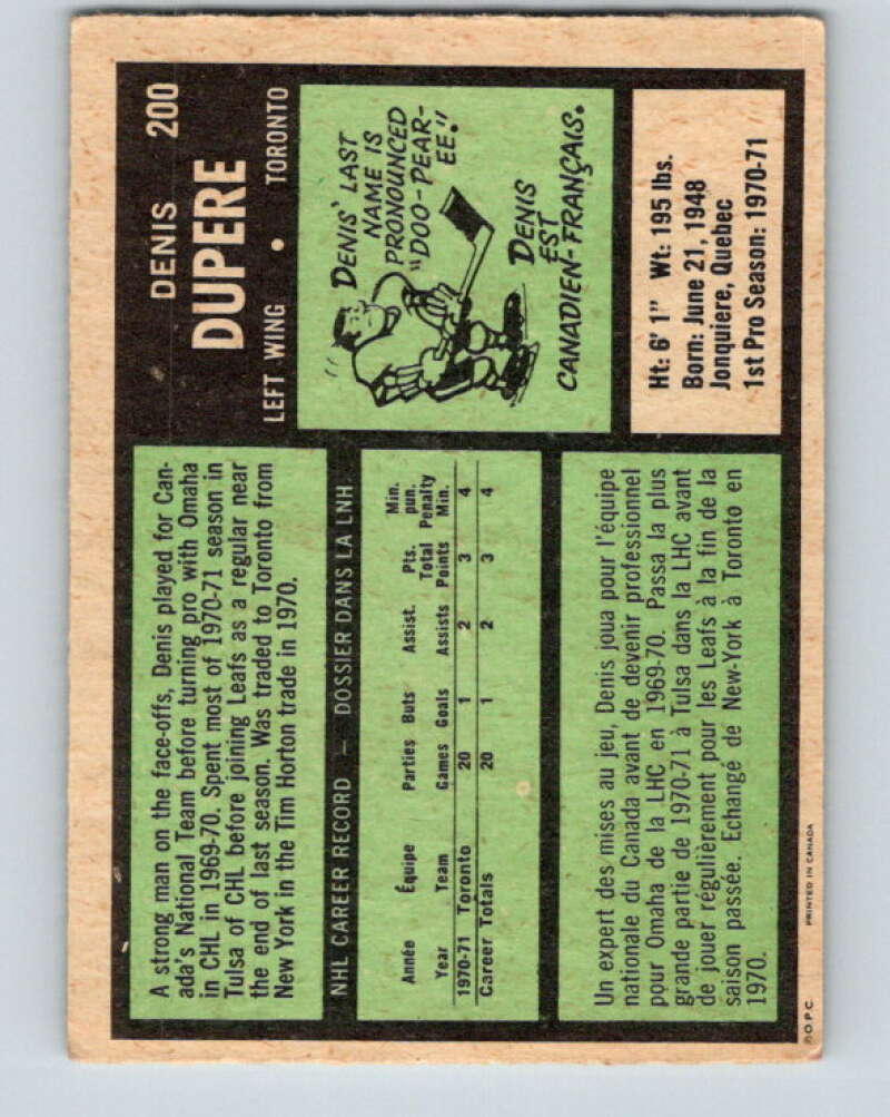 1971-72 O-Pee-Chee #200 Denis Dupere RC Rookie Toronto Maple Leafs V9611