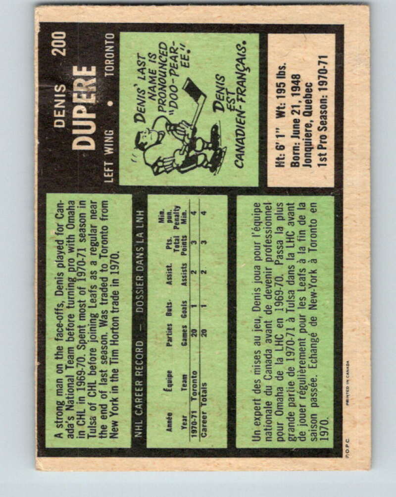 1971-72 O-Pee-Chee #200 Denis Dupere RC Rookie Toronto Maple Leafs V9613