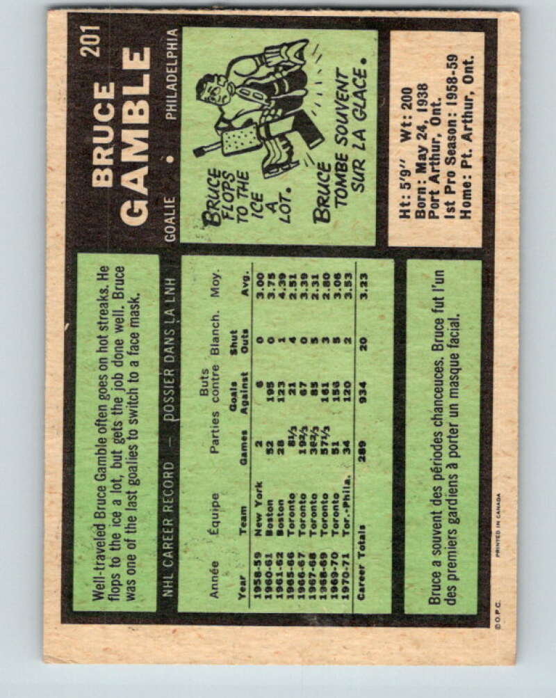 1971-72 O-Pee-Chee #201 Bruce Gamble Philadelphia Flyers V9616