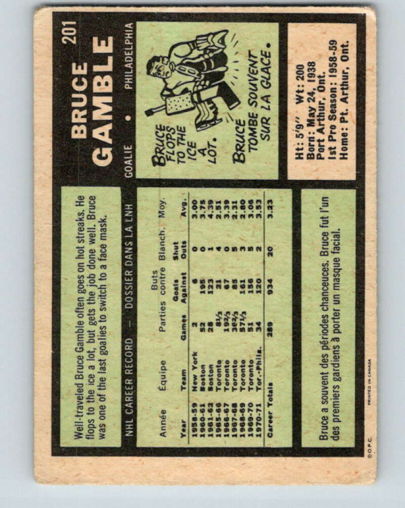 1971-72 O-Pee-Chee #201 Bruce Gamble Philadelphia Flyers V9617