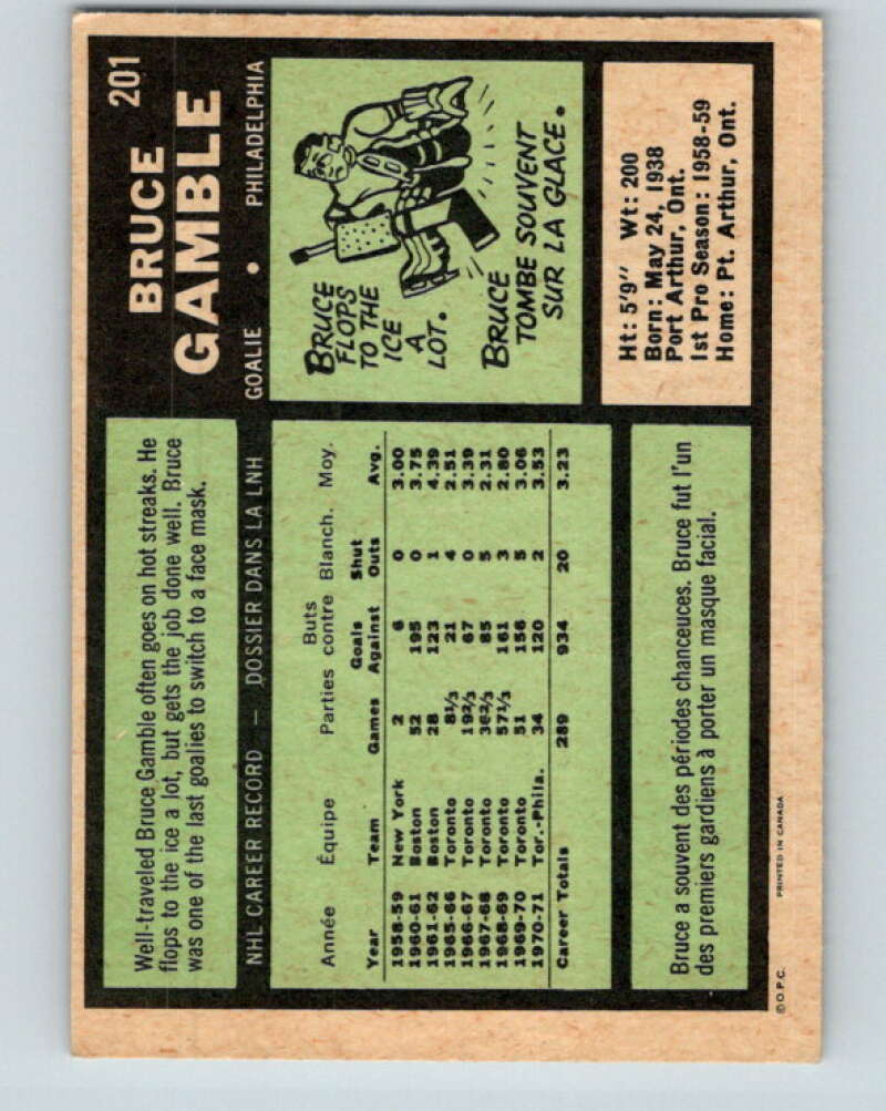 1971-72 O-Pee-Chee #201 Bruce Gamble Philadelphia Flyers V9618