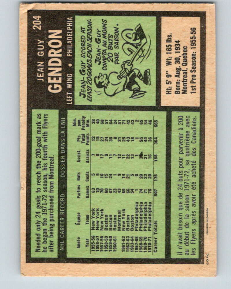 1971-72 O-Pee-Chee #204 Jean-Guy Gendron Philadelphia Flyers V9629