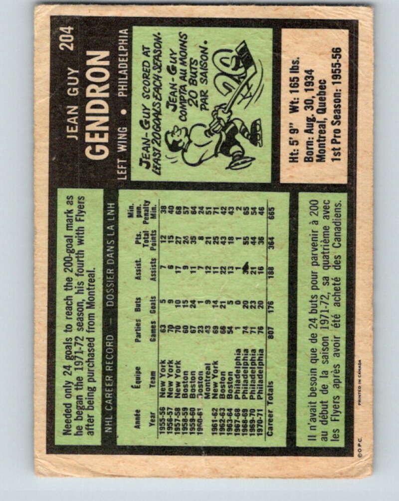 1971-72 O-Pee-Chee #204 Jean-Guy Gendron Philadelphia Flyers V9630