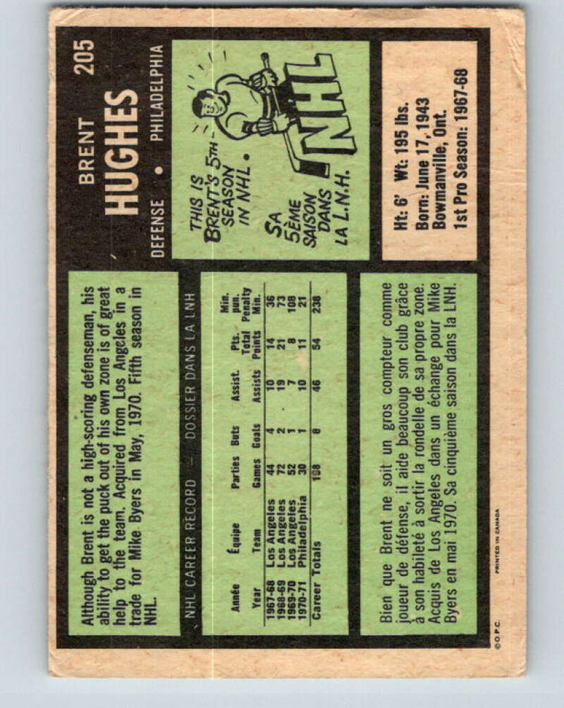 1971-72 O-Pee-Chee #205 Brent Hughes Philadelphia Flyers V9632