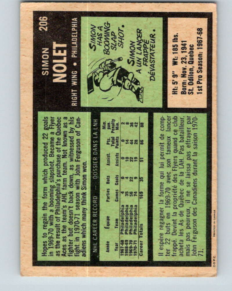 1971-72 O-Pee-Chee #206 Simon Nolet Philadelphia Flyers V9633