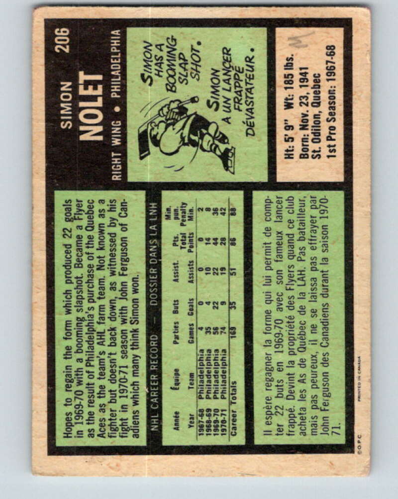 1971-72 O-Pee-Chee #206 Simon Nolet Philadelphia Flyers V9634