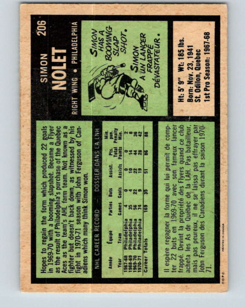 1971-72 O-Pee-Chee #206 Simon Nolet Philadelphia Flyers V9635