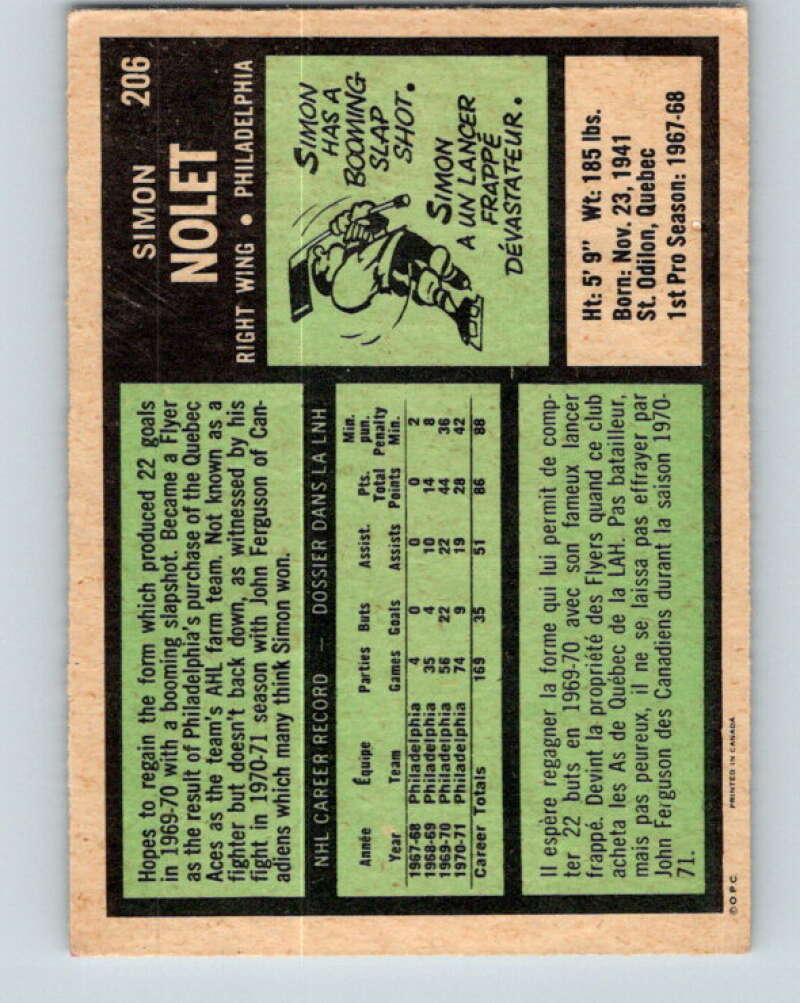 1971-72 O-Pee-Chee #206 Simon Nolet Philadelphia Flyers V9636