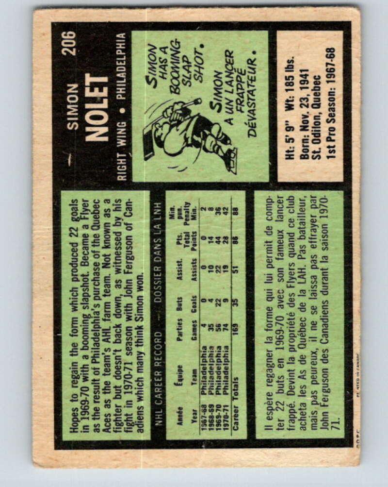 1971-72 O-Pee-Chee #206 Simon Nolet Philadelphia Flyers V9637